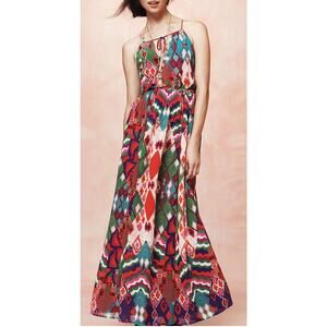 Maeve‎ Anthropologie Sz 10 Tarana Maxi Dress Colorful Abstract Flowy Corset Back